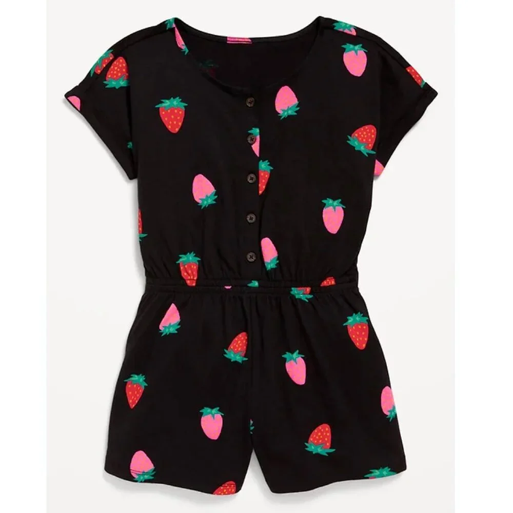Old Navy Printed Short-Sleeve Button-Front Strawberry Print Romper for Girls